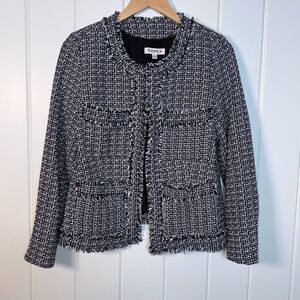 Nanette Lepore Jacket 10 Black & WhiteTweed Nora Jacket, Fringe trim, Open Front